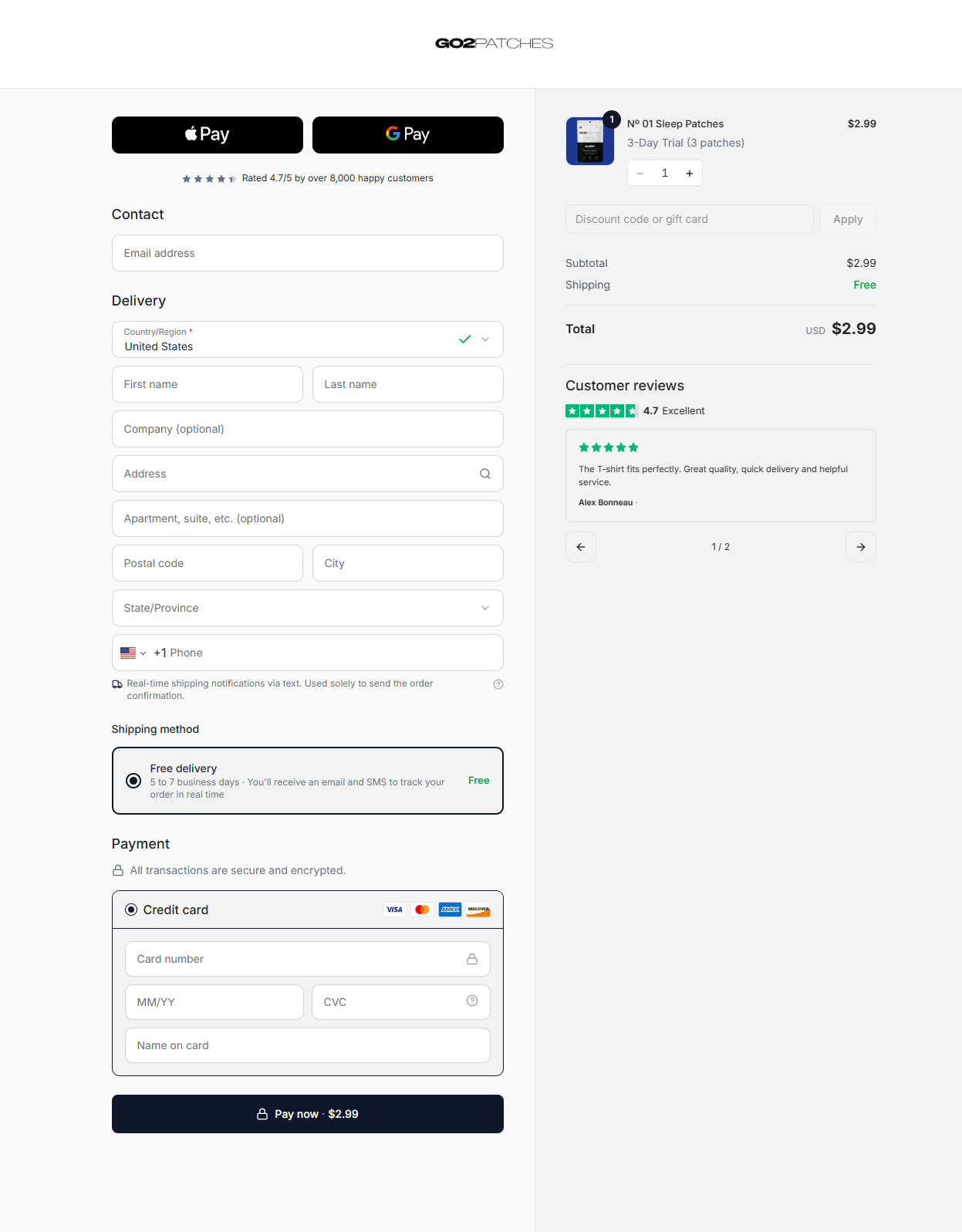 Checkout example with express payments, delivery details, order summary and card payment.